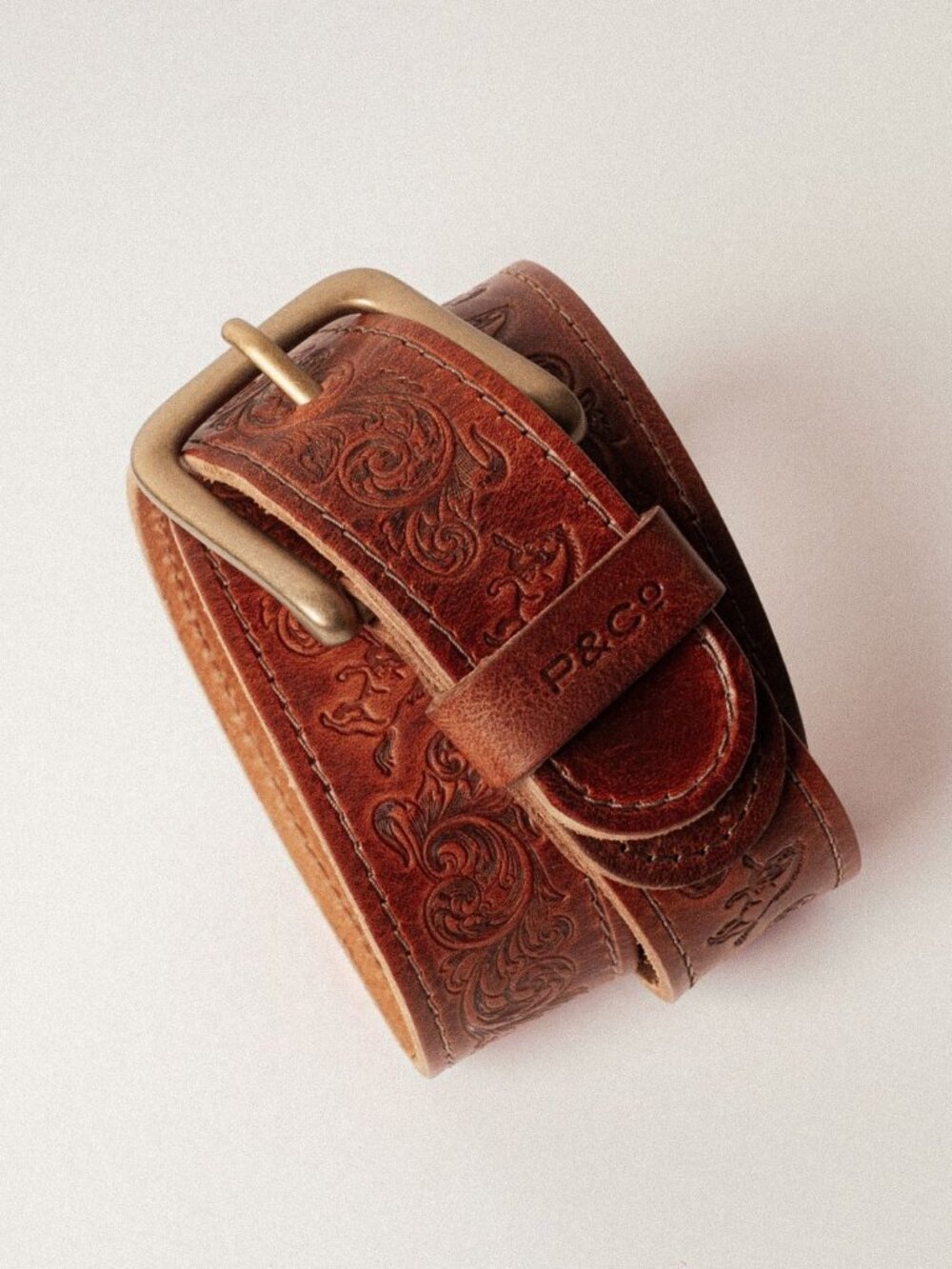 P&Co Debossed Bronco Belt Leather Brown size S